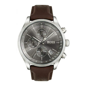 Hugo Boss Grand Prix Chronograph Grey Dial Brown Leather Strap Watch for Men - 1513476