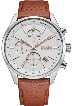 Hugo Boss Grand Prix Chronograph White Dial Brown Leather Strap Watch for Men - 1513475