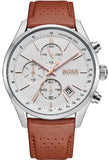 Hugo Boss Grand Prix Chronograph White Dial Brown Leather Strap Watch for Men - 1513475