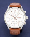 Hugo Boss Grand Prix Chronograph White Dial Brown Leather Strap Watch for Men - 1513475