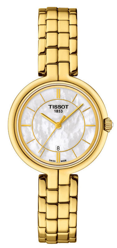 Tissot Flamingo Mother of Pearl White Dial Gold Steel Strap Watch For Women - T094.210.33.111.00