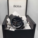 Hugo Boss Grand Prix Chronograph Black Dial Black Leather Strap Watch for Men - 1513474