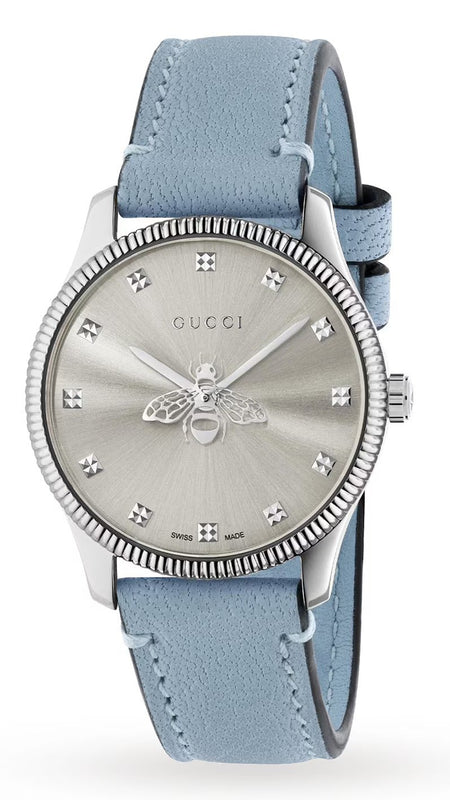 Gucci G Timeless Silver Dial Blue Leather Strap Watch for Women - YA1265039