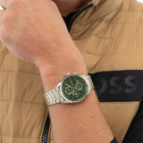 Hugo Boss Grand Prix Chronograph Green Dial Silver Steel Strap Watch for Men - 1514266