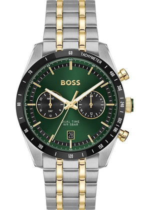 Hugo Boss Tourmaster Chronograph Green Dial Two Tone Steel Strap Watch for Men - 1514287
