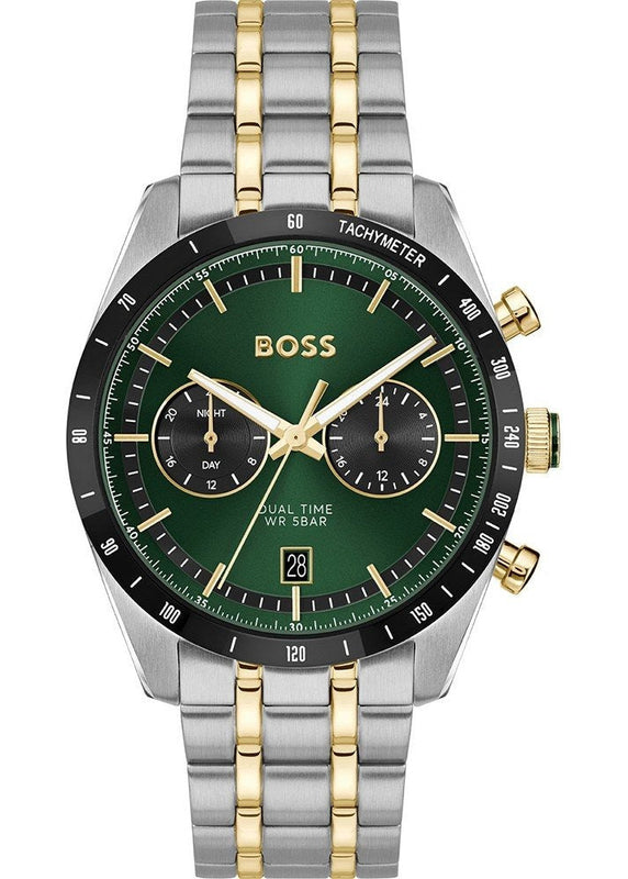 Hugo Boss Tourmaster Chronograph Green Dial Two Tone Steel Strap Watch for Men - 1514287