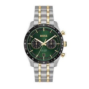 Hugo Boss Tourmaster Chronograph Green Dial Two Tone Steel Strap Watch for Men - 1514287