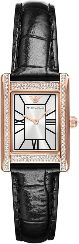 Emporio Armani Genni Silver Dial Black Leather Strap Watch for Women - AR11624