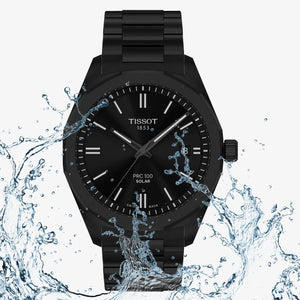 Tissot PRC 100 Solar Quartz Black Dial Black Steel Strap Watch for Men - T151.422.33.051.00