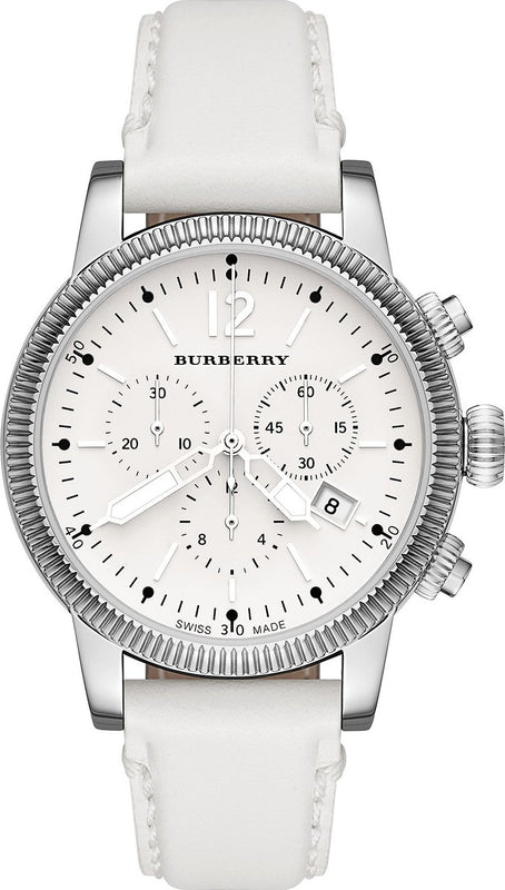 Burberry Utilitarian Chronograph White Dial White Leather Strap Watch for Women - BU7821