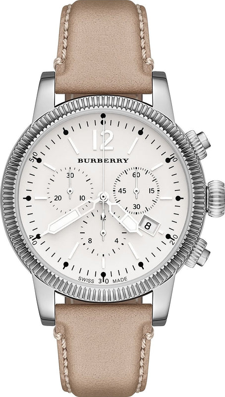 Burberry Utilitarian Chronograph White Dial Pink Leather Strap Watch for Women - BU7816