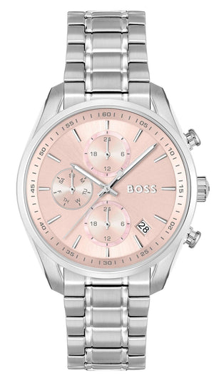 Hugo Boss Grand Tour Chronograph Pink Mother of Pearl Dial Silver Steel Strap Watch for Women - 1502765