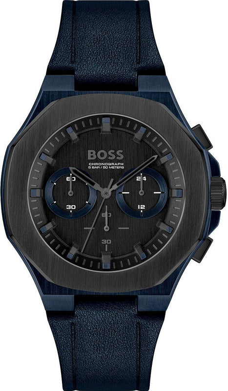 Hugo Boss Taper Chronograph Black Dial Blue Leather Strap Watch for Men - 1514086