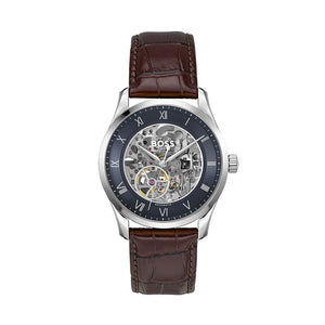 Hugo Boss Principle Skeleton Blue Dial Brown Leather Strap Watch for Men - 1514305
