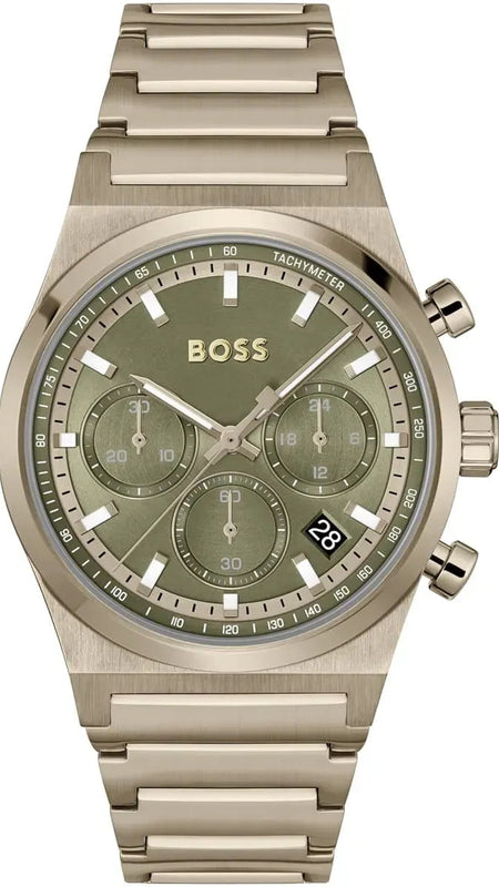 Hugo Boss Candor Chronograph Green Dial Brown Steel Strap Watch for Men - 1514222