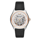 Emporio Armani Zeta Automatic Skeleton Silver Dial Black Leather Strap Watch For Men - AR60018