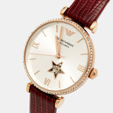 Emporio Armani Meccanico Automatic Silver Dial Red Leather Strap Watch For Women - AR60044