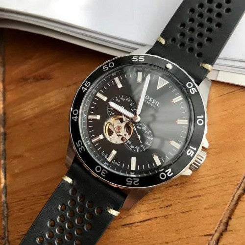 Fossil Crewmaster Sports Automatic Black Dial Black Leather Strap Watch for Men - ME3148