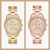 Michael Kors Ritz Chronograph Gold Dial Gold Steel Strap Watch For Women - MK6597