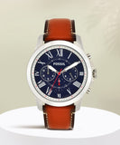 Fossil Grant Chronograph Blue Dial Brown Leather Strap Watch for Men - FS5210