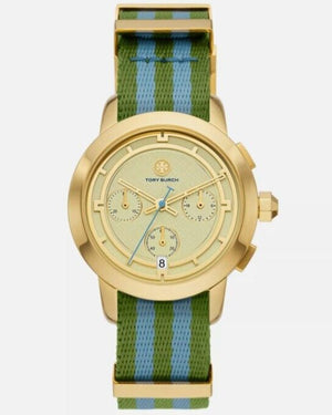 Tory Burch The Tory Chronograph White Dial Two Tone NATO Strap Watch for Women - TBW1037