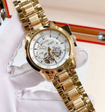 Bulova BVA Skeleton Silver Dial Gold Steel Strap Watch for Men - 97A108