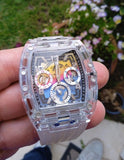 Guess Phoenix Polycarbonate Clear Multi-function Black Dial Clear Rubber Strap Watch for Men - GW0499G3