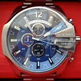 Diesel Mega Chief Chronograph Blue Dial Silver Steel Strap Watch For Men - DZ4417