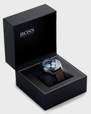 Hugo Boss Pioneer Chronograph Blue Dial Brown Leather Strap Watch For Men - 1513709