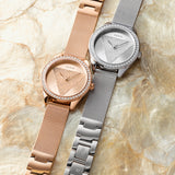 Guess Tri Glitz Quartz Diamonds Rose Gold Dial Rose Gold Mesh Bracelet Watch For Women - W1142L4