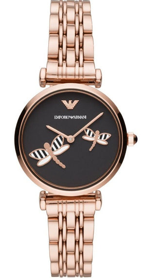 Emporio Armani Gianni T Bar Black Dial Rose Gold Steel Strap Watch For Women - AR11206
