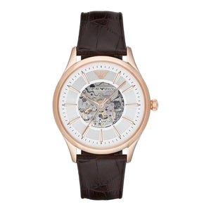 Emporio Armani Epoca White Skeletal Dial Black Leather Strap Watch For Men - AR2073