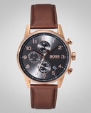 Hugo Boss Navigator Chronograph Grey Dial Brown Leather Strap Watch for Men - 1513496
