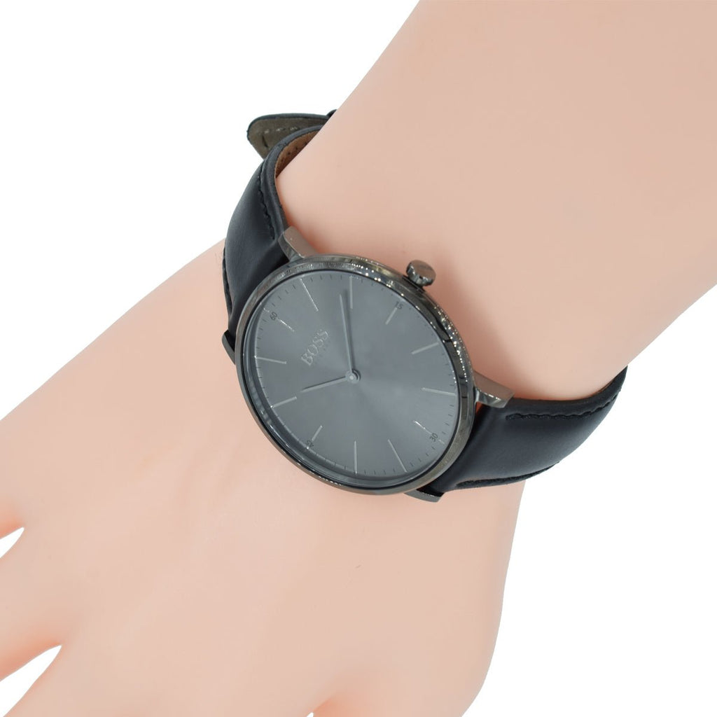 Hugo Boss Modern Grey Dial Black Leather Strap Watch for Men - 1513540