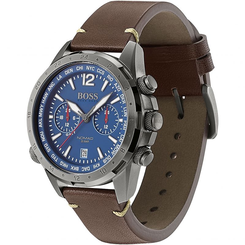 Hugo Boss Nomad Chronograph Blue Dial Brown Leather Strap Watch for Men - 1513773