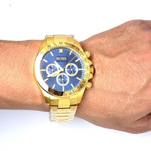 Hugo Boss Ikon Chronograph Blue Dial Gold Steel Strap Watch for Men - 1513340