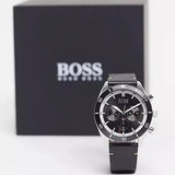 Hugo Boss Globetrotter Chronograph Black Dial Black Leather Strap Watch for Men - 1513864