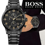 Hugo Boss Aeroliner Chronograph Black Dial Black Steel Strap Watch for Men - 1513275