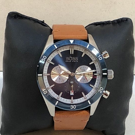 Hugo Boss Santiago Chronograph Blue Dial Brown Leather Strap Watch for Men - 1513860