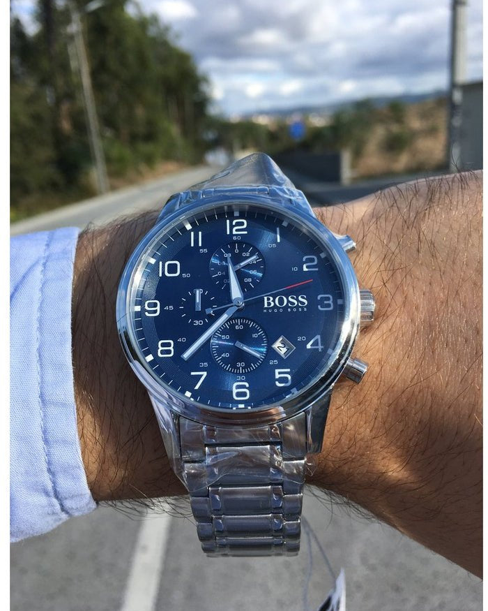 Hugo Boss Aeroliner Chronograph Blue Dial Silver Steel Strap Watch for Men - 1513183