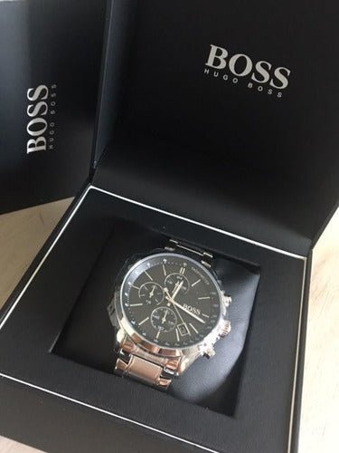 Hugo Boss Grand Prix Chronograph Black Dial Silver Steel Strap Watch for Men - 1513477