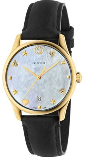 Gucci G-Timeless Mother of Pearl Dial Black Leather Strap Watch For Women - YA126589