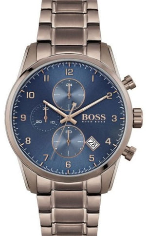 Hugo Boss Skymaster Chronograph Blue Dial Brown Steel Strap Watch for Men - 1513788