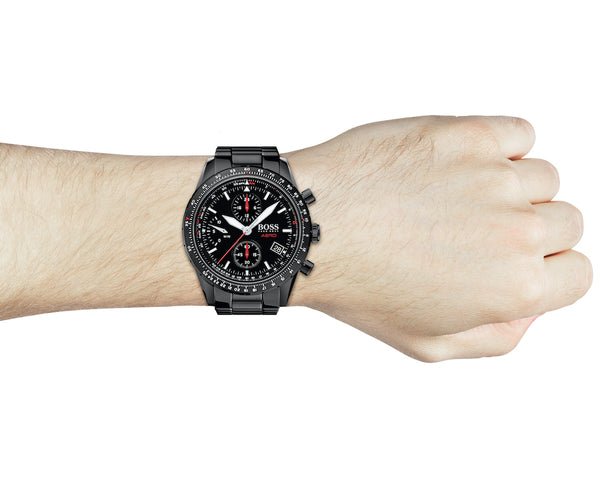 Hugo Boss Aero Chronograph Black Dial Black Steel Strap Watch for Men - 1513771