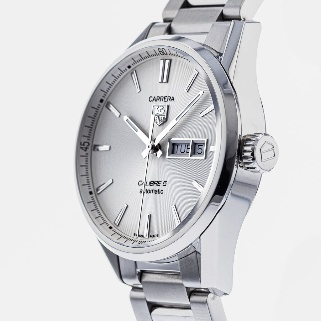 Tag Heuer Carrera Calibre 5 Automatic White Dial Silver Steel Strap Watch for Men - WAR201B.BA0723