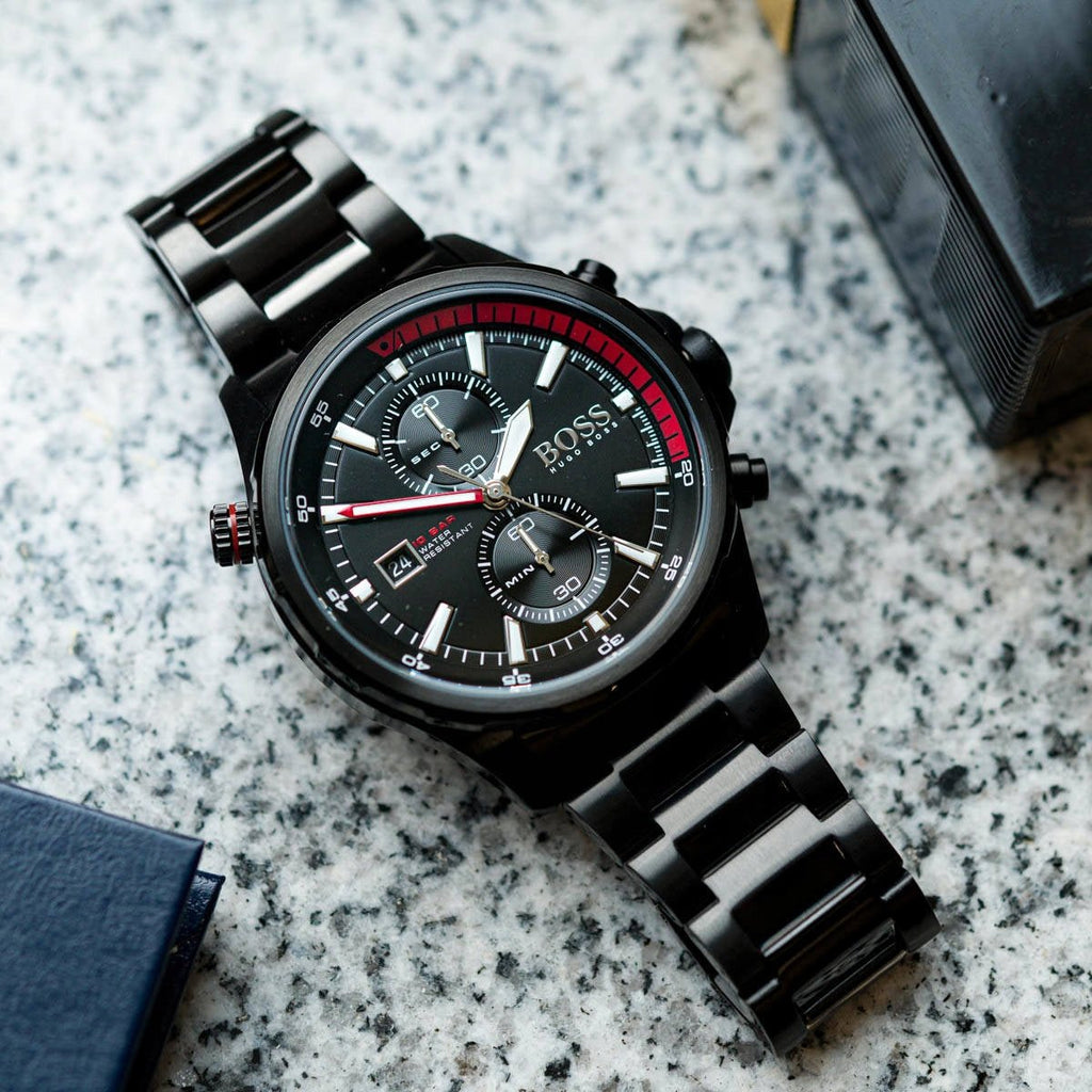 Hugo Boss Globetrotter Chronograph Black Dial Black Steel Strap Watch for Men - 1513825