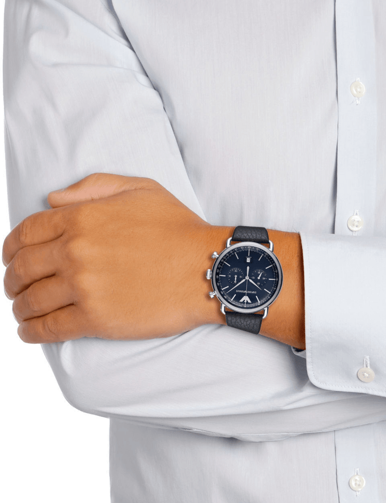 Emporio Armani Aviator Blue Dial Blue Leather Strap Watch For Men - AR11105