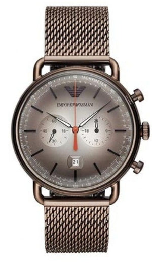 Emporio Armani Aviator Chronograph Grey Dial Brown Mesh Bracelet Watch For Men - AR11169