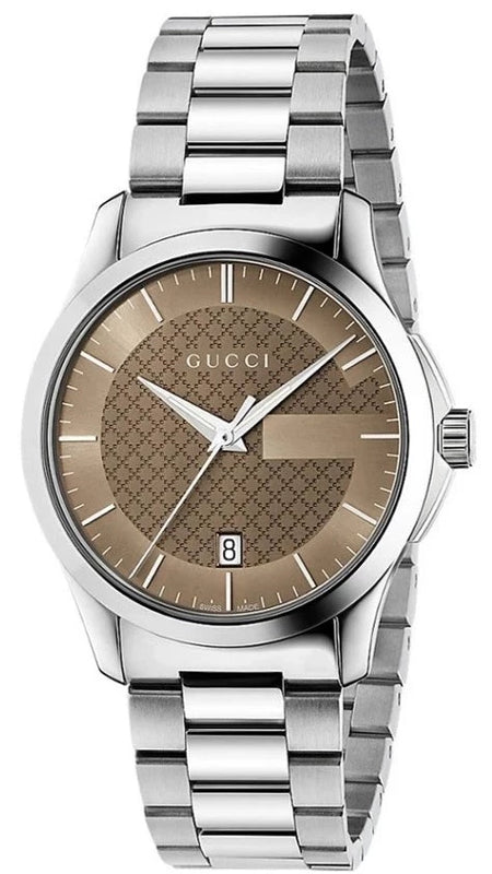 Gucci G Timeless Brown Dial Silver Steel Strap Watch For Men - YA126445