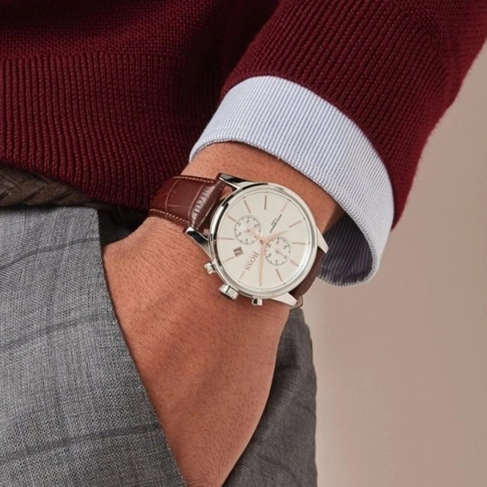 Hugo Boss Jet Chronograph Silver Dial Brown Leather Strap Watch for Men - 1513280